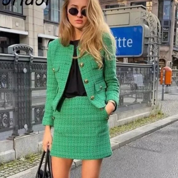 NWT Mango green tweed skirt blazer suit set XL - Picture 3 of 16